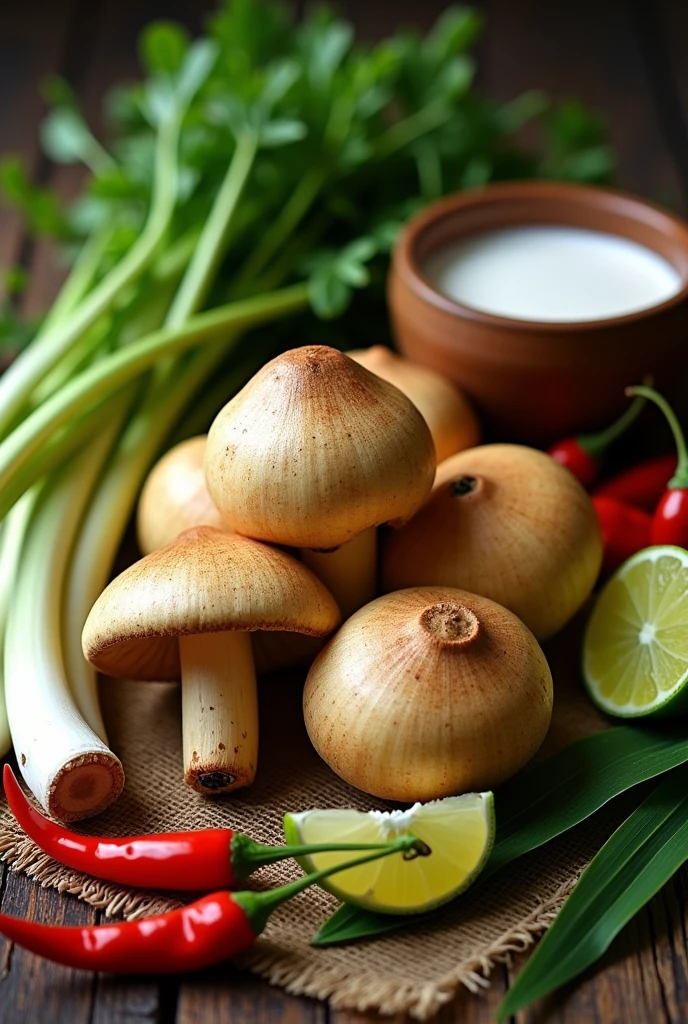 Straw mushrooms, coconut milk, galangal, lemongrass, kaffir lime, red chili, lime, and vegetables grown in the backyard.