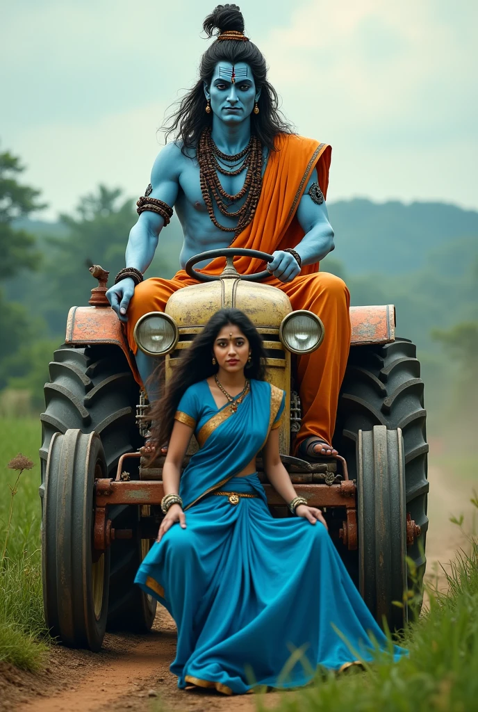Old lord shiva sitting on a tractor and lady in blue saree is falling down