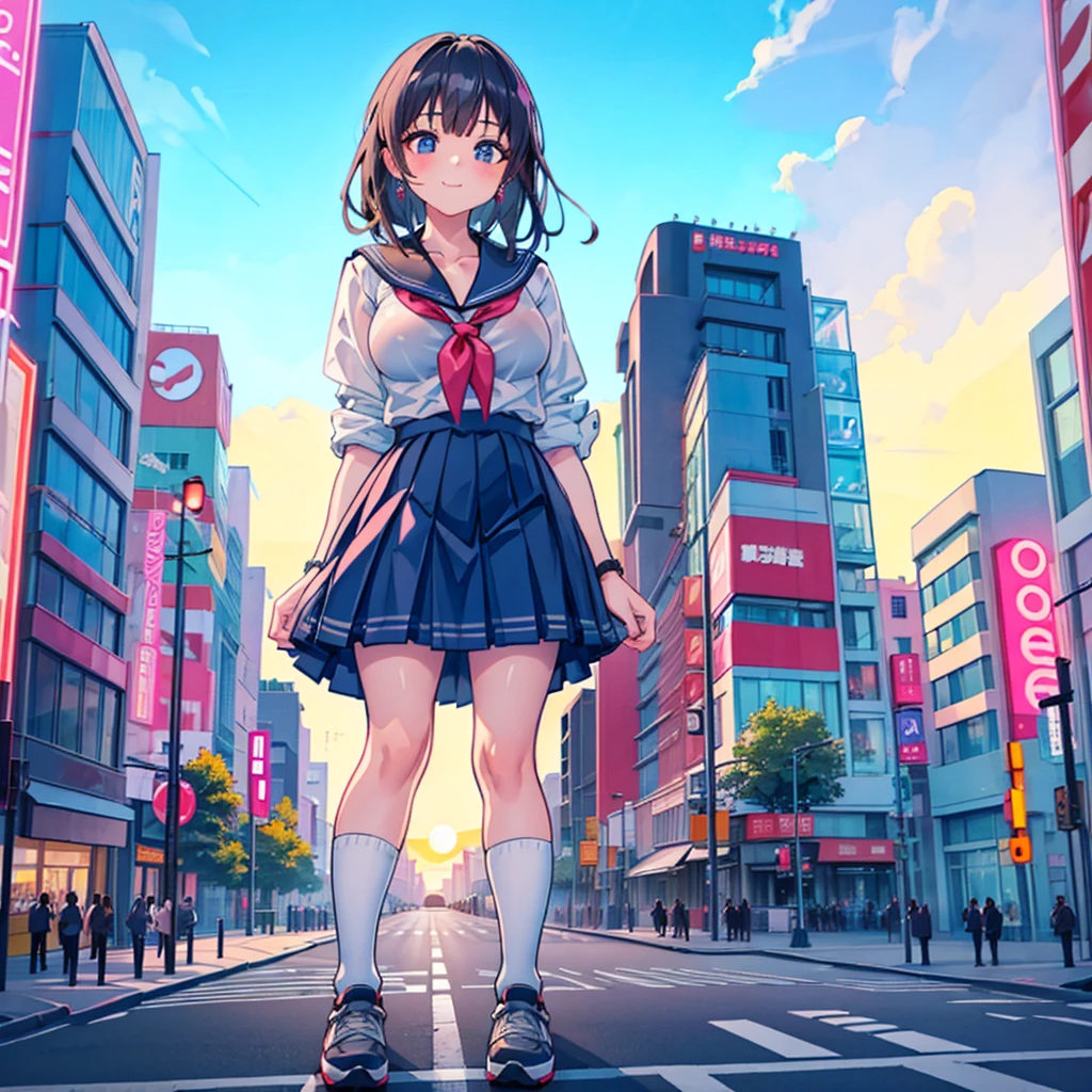 ((Two giant high school girls standing on the road kissing) ) Composition seen from below, true sunset, sunset, evening, masterpiece Anime style Delicate painting 4K 90's Huge Multiple crowd Crowd in a big city Lots of people ) (( Sailor Uniform)) ((School Uniform)) ((Big City)), ((Tokyo Akihabara Electric Town)), Big Breasts, High School Girl, Transparent Costume, Sweaty, Splashes, Sneakers, Watch, Black Hair, Smile, Female Titan Giant Girl Full Body Crowd Unreal Engine, Cleavage, Image, Earrings, Cute Photo, Beauty, Analog Style, Full Body, Sneakers, GTS, Giant Female Giant, Building Valley Girl, Skyscraper City, Big City, GTS , Giant Female Titan,