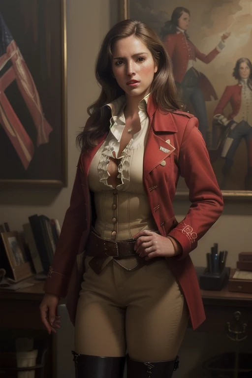 A sexy woman in a detailed unbuttoned redcoat uniform , revealing blouse, during the American Revolutionary War, standing, presenting her boots, realistic portrait, extremely detailed, photorealistic, sharp focus, high resolution, cinematic lighting, dramatic shadows, warm color palette, oil painting
