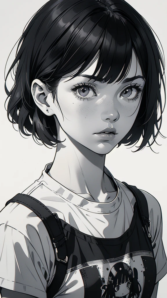 1 boyish girl, solo, sharp eyes, expressionless, monochrome, greyscale, short black hair, portrait, white T-shirt, closed mouth, looking at viewer, graphite \(medium\), detailed lips, hatching \(texture\), without makeup, bangs, upper body, (best illustration), (best quality), (very detailed), (masterpiece), expressionless,