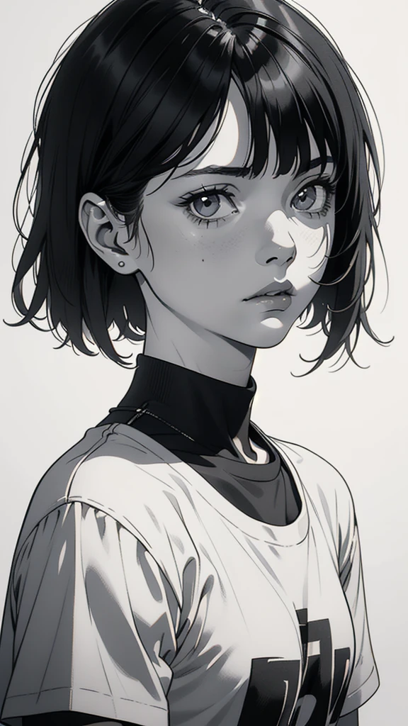 1 boyish girl, solo, sharp eyes, expressionless, monochrome, greyscale, short black hair, portrait, white T-shirt, closed mouth, looking at viewer, graphite \(medium\), detailed lips, hatching \(texture\), without makeup, bangs, upper body, (best illustration), (best quality), (very detailed), (masterpiece), expressionless,