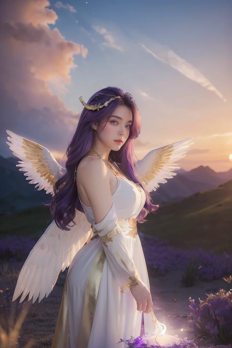 ((Masterpiece, best quality, very detailed), Volumetric light, surrounding occlusion, colorful, glow),
1 girl, alone, young girl, (purple hair), long hair, radius, Aura, sacred, goddess, Priest Uniform, (White dress with gold details:1.3), angel wings,
outdoor, sunset, sky, cloud, space, (Fantasy Theme:1.2),