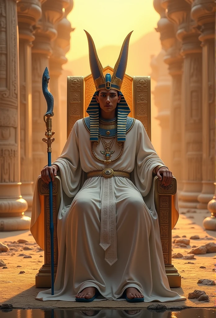 (((Egyptian crown))) Best quality, very high resolution, Detailed 4K computer graphics, masterpiece, Egyptian mythology,Osiris, Sun,Ancient Egypt, sitting, Atef,Egyptian crown, white clothes, Egyptian clothing, desert,they didn't scourge, blue hekatzeu stick, River, desert, Ancient Egypt, ((sitting на троне)), Egyptian Mithra, aesthetics, Beautiful image, centered on the screen (((Atef))), staff and whip, they didn't,
