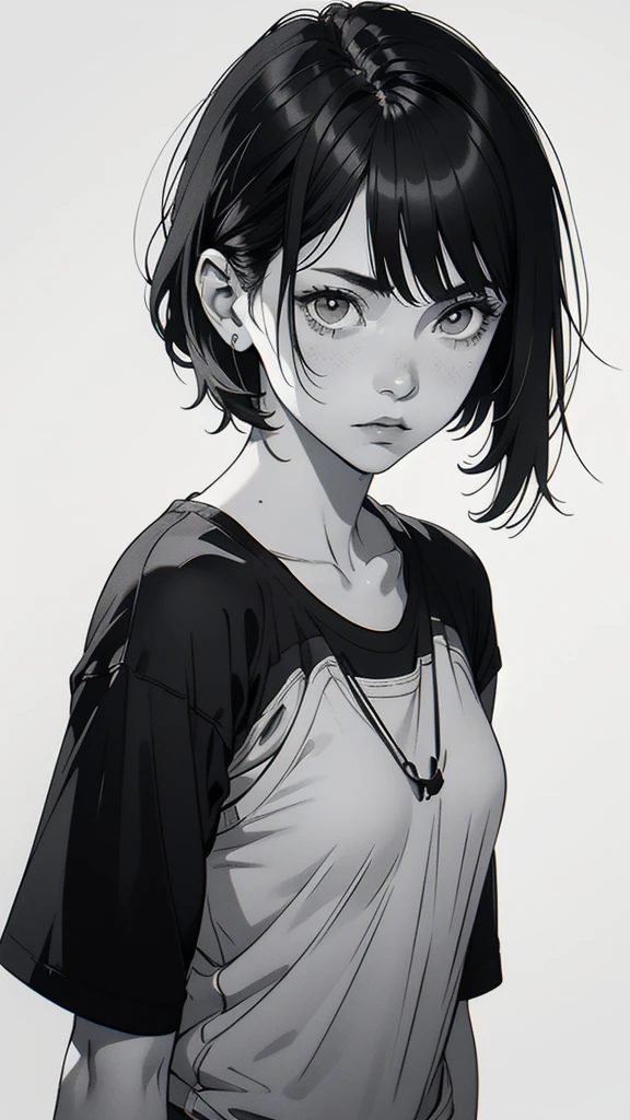 1 boyish girl, solo, sharp eyes, expressionless, monochrome, greyscale, short black hair, portrait, white T-shirt, closed mouth, looking at viewer, graphite \(medium\), detailed lips, hatching \(texture\), without makeup, bangs, upper body, (best illustration), (best quality), (very detailed), (masterpiece), expressionless,