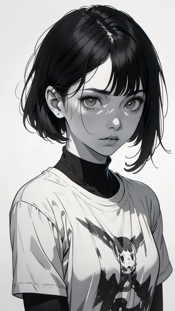 1 boyish girl, solo, sharp eyes, expressionless, monochrome, greyscale, short black hair, portrait, white T-shirt, closed mouth, looking at viewer, graphite \(medium\), detailed lips, hatching \(texture\), without makeup, bangs, upper body, (best illustration), (best quality), (very detailed), (masterpiece), expressionless,
