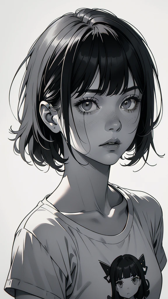 1 boyish girl, solo, sharp eyes, expressionless, monochrome, greyscale, short black hair, portrait, white T-shirt, closed mouth, looking at viewer, graphite \(medium\), detailed lips, hatching \(texture\), without makeup, bangs, upper body, (best illustration), (best quality), (very detailed), (masterpiece), expressionless,