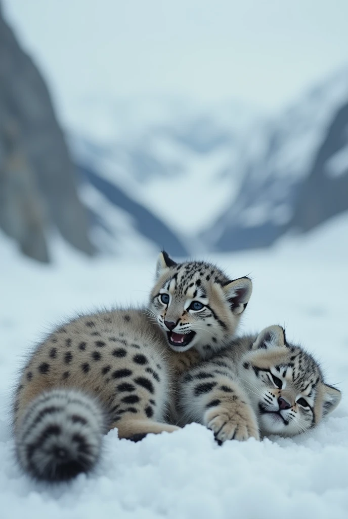 Snow leopard cub crying on adult Arctic fox body