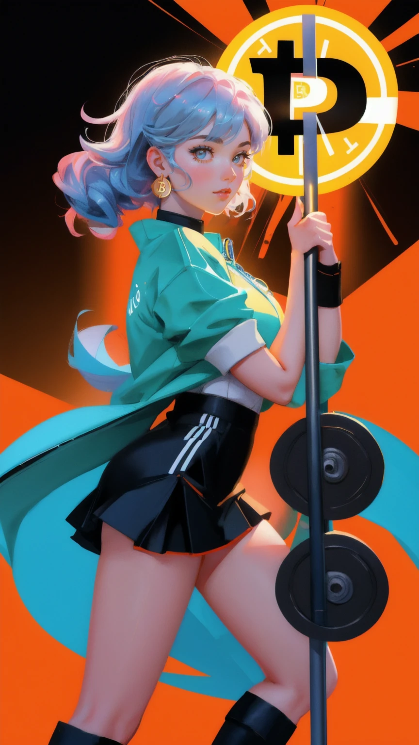 A close-up digital rendering of a beautiful cute girl lifting a barbell on a platform made of bitcoins, in a style inspired by Hovsep Pushman and Jen Bartel. The artwork is a winner of a Reddit contest, with elements of sots art and a hyper-bullish crypto theme, featuring symbols like 🚀🚀🚀, satoshi, bitcoin, and other cryptocurrency icons. The background is a vibrant yellow, enhancing the boldness of the scene. The image captures the intensity and strength of the girl in a dynamic pose, with influences from Stefan Koidl's style, designed to be a striking 1024x1024 wallpaper.