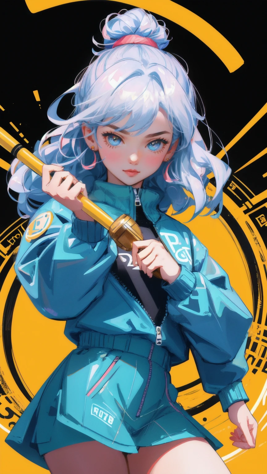 A close-up digital rendering of a beautiful cute girl lifting a barbell on a platform made of bitcoins, in a style inspired by Hovsep Pushman and Jen Bartel. The artwork is a winner of a Reddit contest, with elements of sots art and a hyper-bullish crypto theme, featuring symbols like 🚀🚀🚀, satoshi, bitcoin, and other cryptocurrency icons. The background is a vibrant yellow, enhancing the boldness of the scene. The image captures the intensity and strength of the girl in a dynamic pose, with influences from Stefan Koidl's style, designed to be a striking 1024x1024 wallpaper.