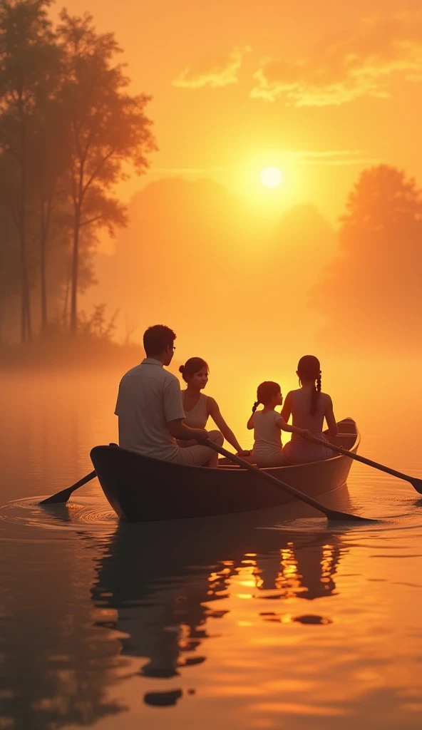 A family of five rowing a boat，Warmth，Silhouette