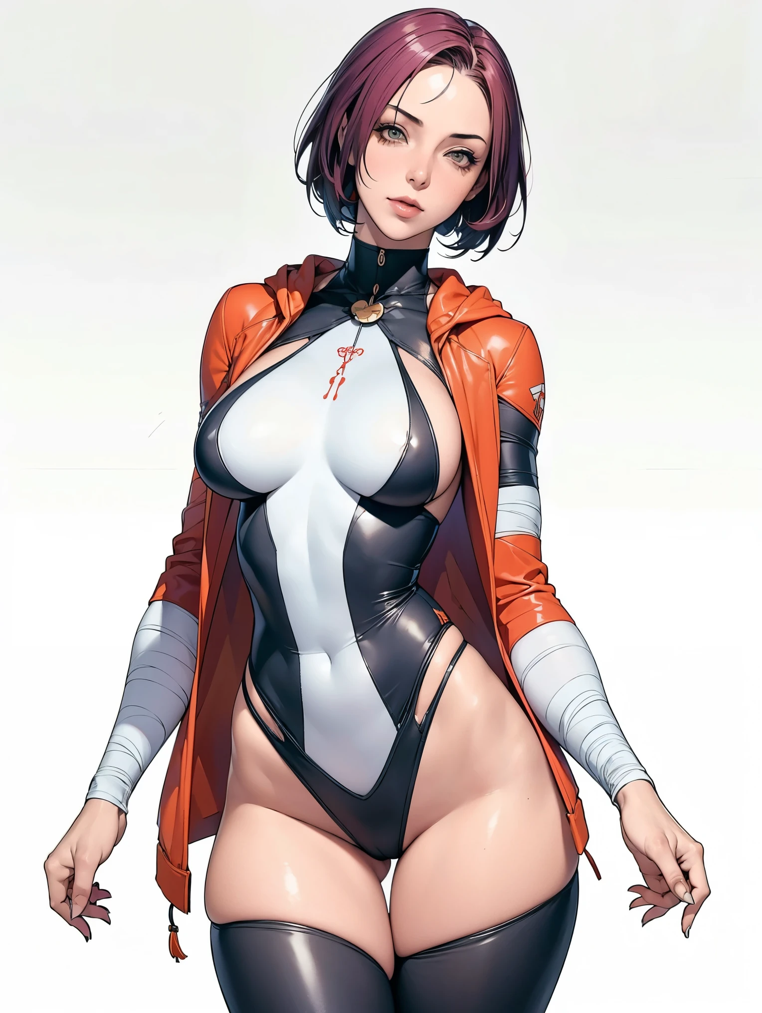 (((Annie Lennox))), (((colorful suit))), (scars), (((bandaged arms))), (((colorful clothes))) (( hood)), (((best quality: 1.4))), (Unbeatable masterpiece), (hyper HD),(CG 8k hyper-realistic), beautiful face, (((breasts big))), (((hyper feminine))), sexly girl, ((round face)), black tattoo,(ultra short red hair with white highlights)), ((( sculptural body ))), (((1 Kizi))), Kizi tatuada de 25 anos com perfect body, perfect hands, perfect fingers ,Beautiful and well-groomed face, (round face), muscular body:1.2,solid color detailed jacket, (Head to thigh photos), Complex equipment, ,Tight clothes,With white stars and off-white stripes,,,,,Armor Metal Electronic Parts, Poison tattoos ) INFO, Kizi, (((standing alone))), , 24歳, sexy, pose de attitude, work of art, dancing, ((slight smile)), post-apocalypse, (((manga style))), bounty hunter, the way you want, perfect body, roupa moderna, advanced technology, white, yellow accent, black, red accent, fur collar jacket, sleeves with vertical striped pattern, background city, (( cowboy shot )). intricate visual, narrow waist, (((wide hips))), wide hips, fit thighs, (((thigh gap))), Thigh gap, background shows a futuristic airplane, open expression, expression happy