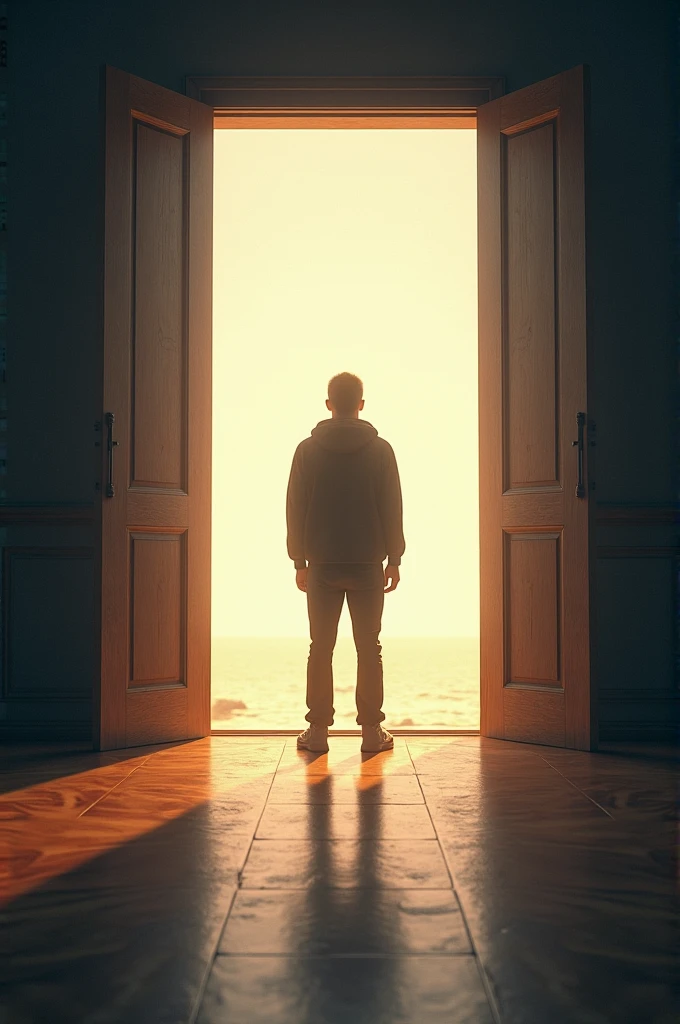 Open Door: Show a person standing at the threshold of an open door, with light streaming through, symbolizing the freedom to choose one’s own path