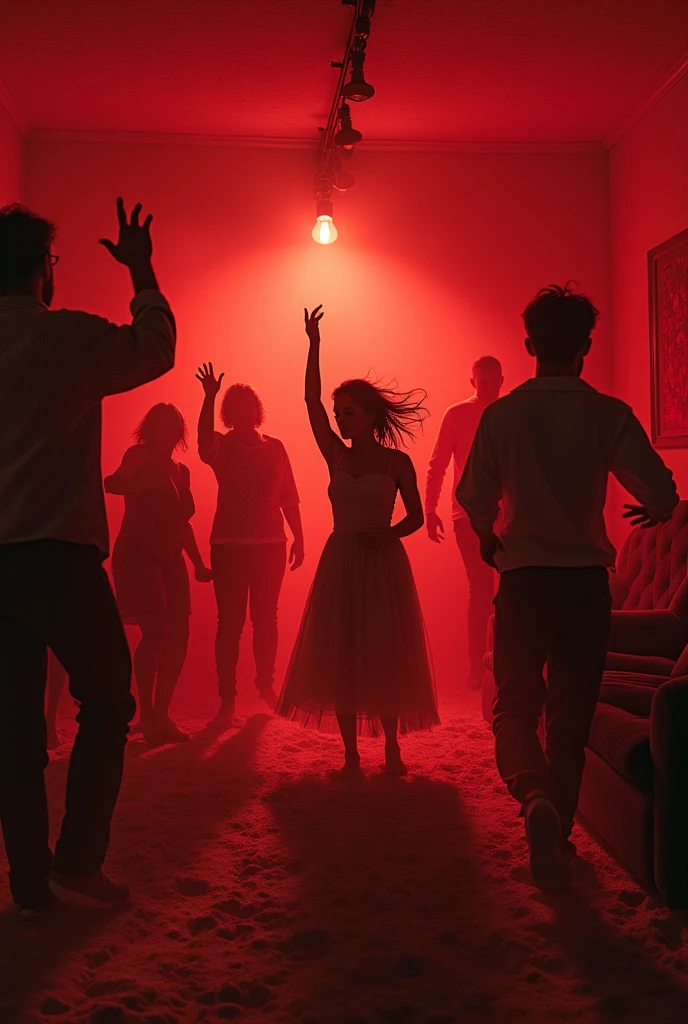 Please generate a picture of a house where there is sand inside the room and red light. it should be realsitic. the format should be JPG-Format, 3000 x 3000 px. there should be a lot of people dancing inside