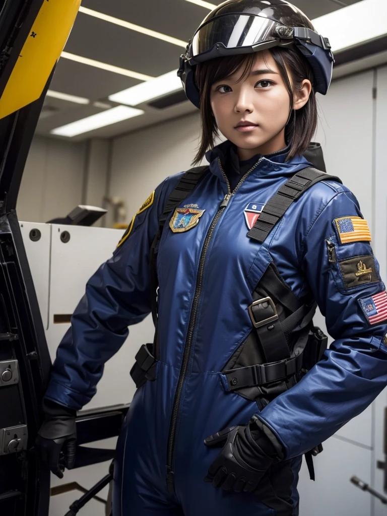 A female soldier wearing a helmet and pilot suit to fly a fighter jet、