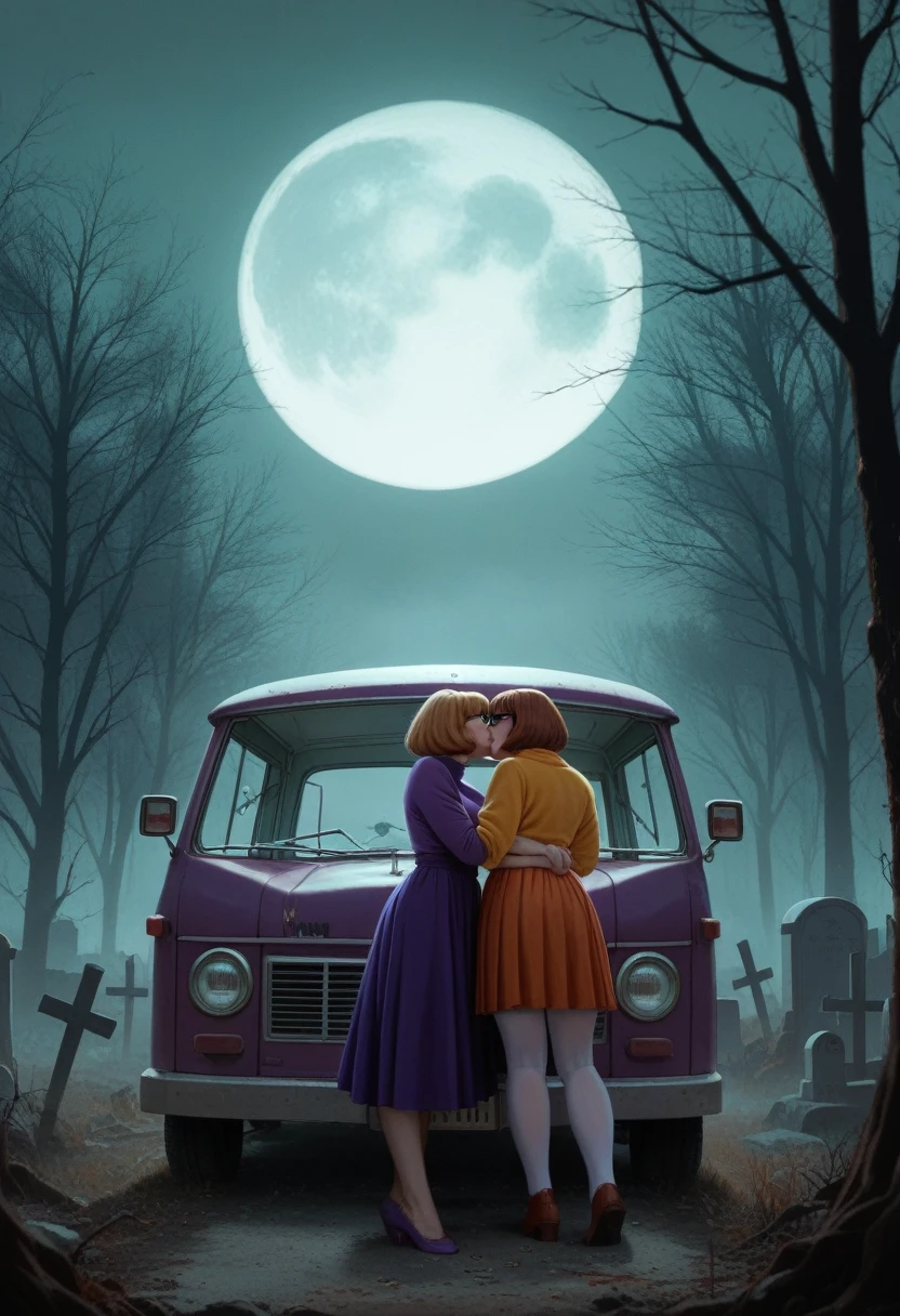 Velma Dinkley, Daphne Blake, two girls, lesbian kissing, in the back of the Mystery Machine van, in a graveyard, spooky, dark twisted trees, fog, green moonlight and thick swirling fog, full moon