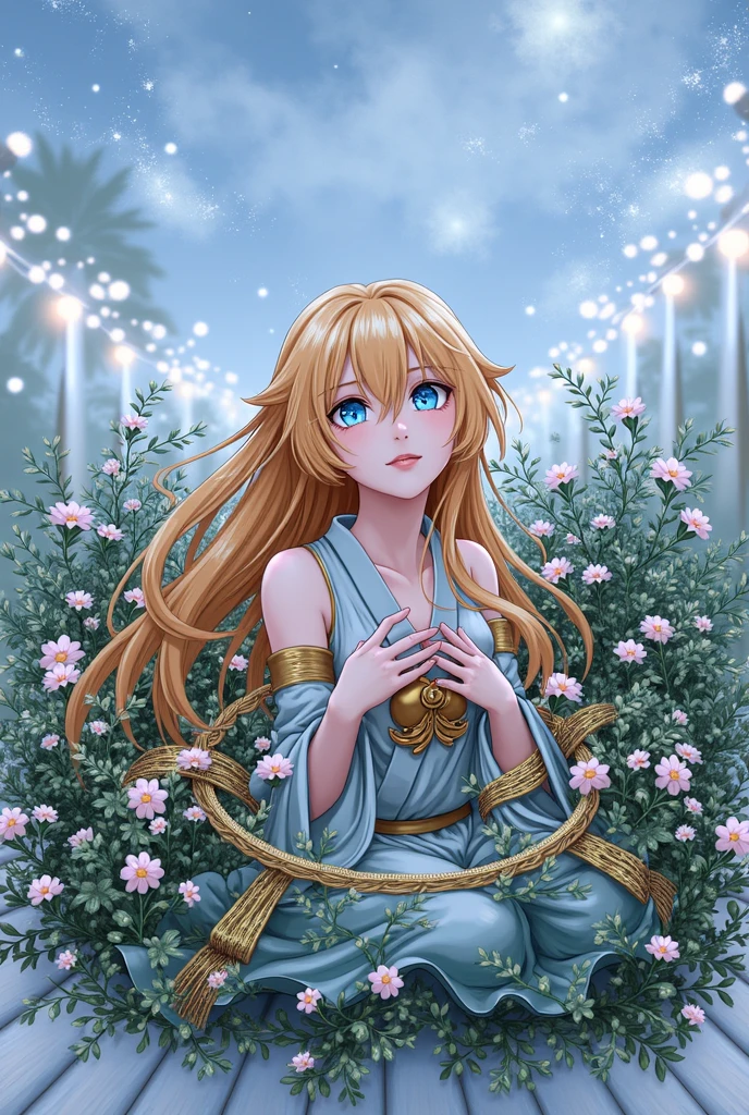 golden hair, long hair, blue eyes, high resolution, decorations, Cowboy camera angle, Twinkling light, Picture from many perspectives, depth of field, Look up, Ukiyo-e pictures, 