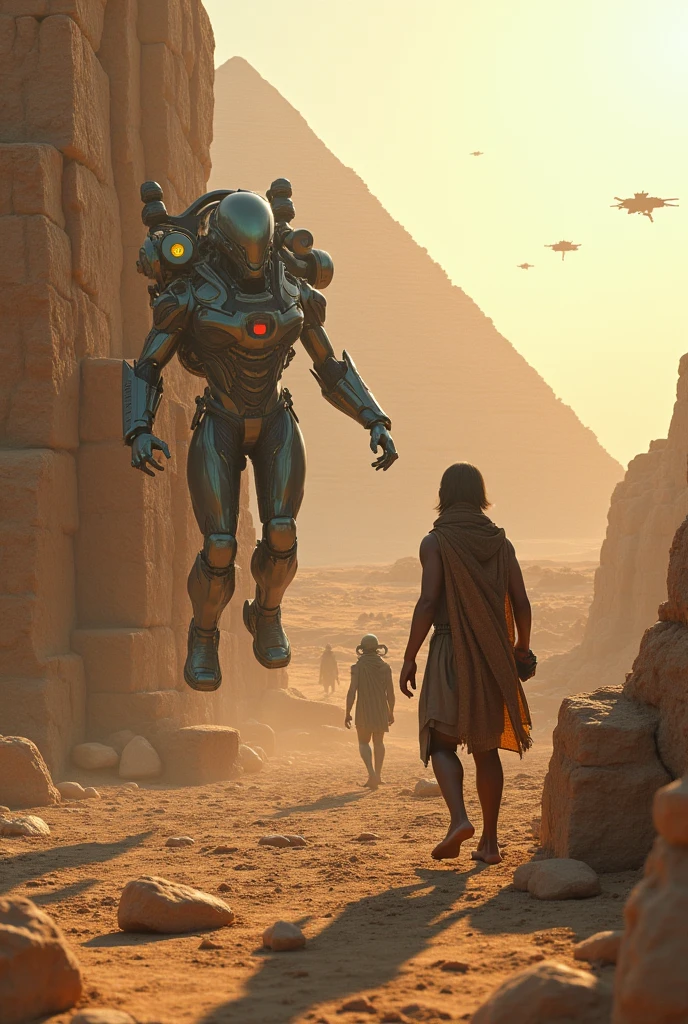 "Depiction of advanced and exotic aliens, in futuristic technological suits, collaborating with prehistoric people in building the pyramids of Egypt, millions of years ago. Aliens Use Levitation and Rock Manipulation Equipment, while people work with primitive tools, helping to position giant stone blocks. The scene should reflect a barren desert with a low sun on the horizon.., and the pyramids, under construction in the background. The scene must combine elements of an ancient era with the impressive presence of alien technology and the interaction between two cultures..."