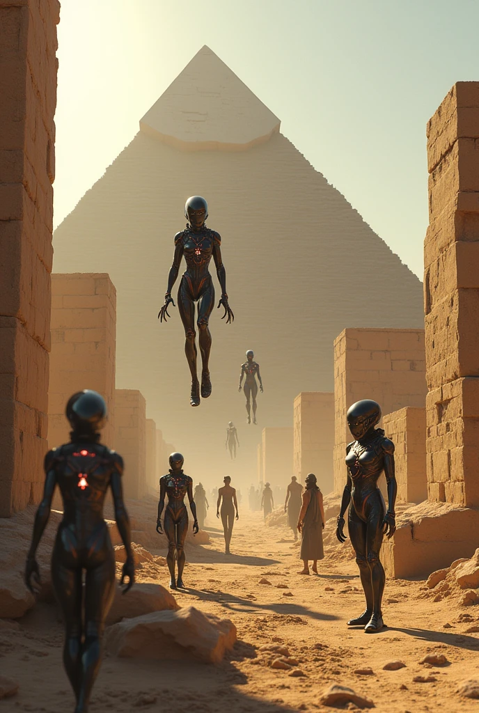 "Depiction of advanced and exotic aliens, in futuristic technological suits, collaborating with prehistoric people in building the pyramids of Egypt, millions of years ago. Aliens Use Levitation and Rock Manipulation Equipment, while people work with primitive tools, helping to position giant stone blocks. The scene should reflect a barren desert with a low sun on the horizon.., and the pyramids, under construction in the background. The scene must combine elements of an ancient era with the impressive presence of alien technology and the interaction between two cultures..."