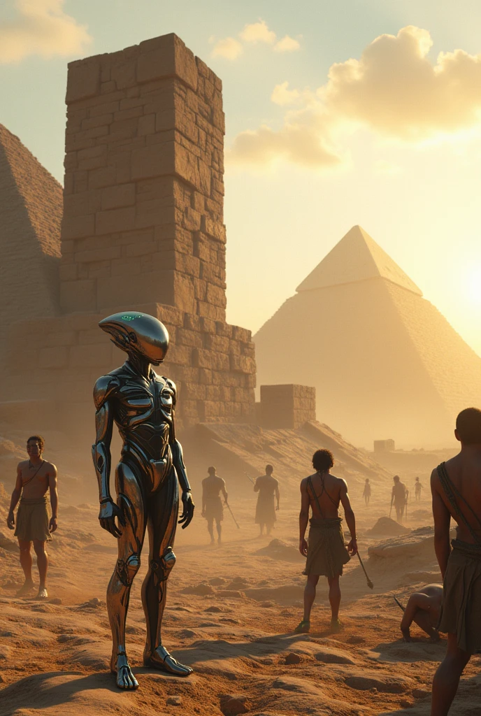 "Depiction of advanced and exotic aliens, in futuristic technological suits, collaborating with prehistoric people in building the pyramids of Egypt, millions of years ago. Aliens Use Levitation and Rock Manipulation Equipment, while people work with primitive tools, helping to position giant stone blocks. The scene should reflect a barren desert with a low sun on the horizon.., and the pyramids, under construction in the background. The scene must combine elements of an ancient era with the impressive presence of alien technology and the interaction between two cultures..."