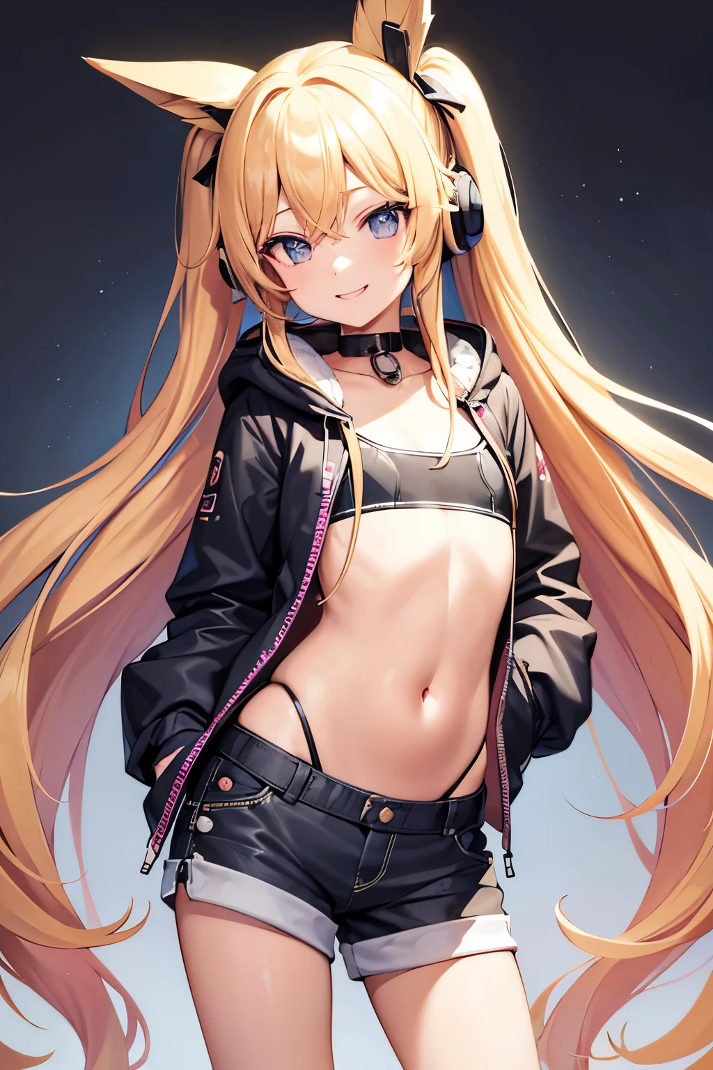 masterpiece, ultra-detailed, Blonde。Long Hair。Twin-tailed。ribbon。shortpants。parka。pastel colour。Put your hands in your pockets。flat chest。huge smile。Game Center。headphones。a navel。Futomo。Navel Ejection。Rock singer。