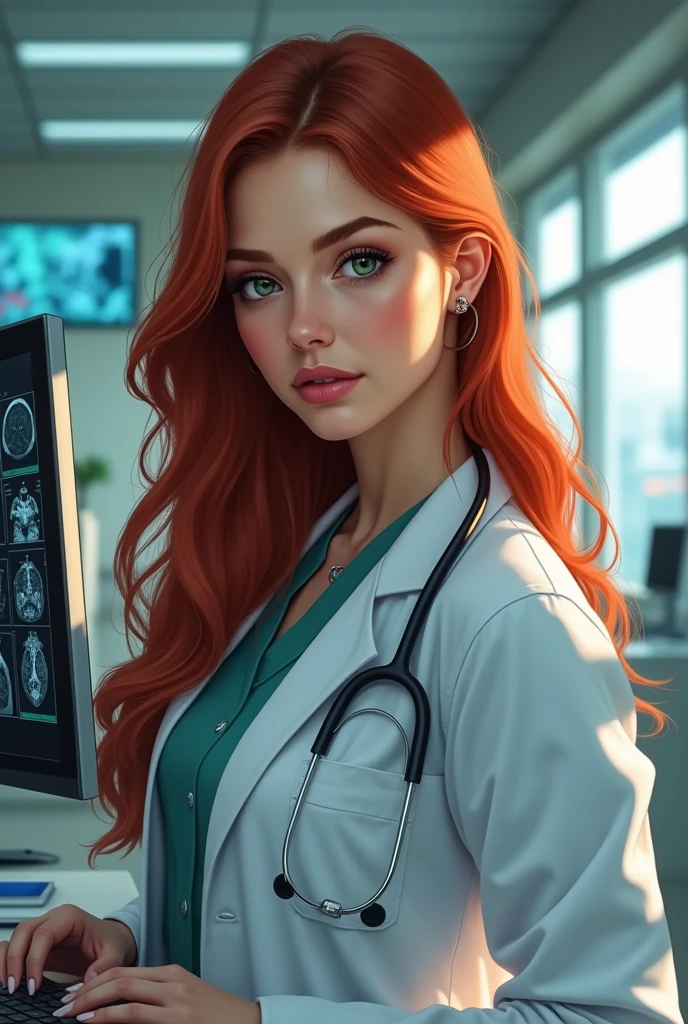 (Photorealism:1.2), beautiful woman, sitting on bed, wearing loose off-shoulder top, pajama pants, long curly hair, indoors, soft lighting, plants in background, window with sunlight, cozy room, relaxed pose, realistic, intricate details, warm colors, by Greg Rutkowski, by alphonse mucha ((Best quality)), ((masterpiece)), young ambitious woman - doctor in a medical robe, sitting at a table in a medical office facing the camera, in the interior of a modern medical clinic; There is a monitor on the table in front of the doctor., the image on the monitor reflects the theme of artificial intelligence in medicine, CT scan images, Table, Graphics; In front of the female doctor is a large, ordinary calculator.. The doctor counts on a calculator and looks at the camera. the doctor has long red hair, full lips, green eyes, long eyelashes, (fantasy art:1.3), highly подробный face, Beautiful illustration, (portrait composition:1.3), restrained, shallow depth of field, focus on the eyes, (rating_obvious), (check_9, check_8_up, check_7_up, check_6_up, check_5_up, check_4_up) a high resolution, masterpiece, shiny smooth skin, close up