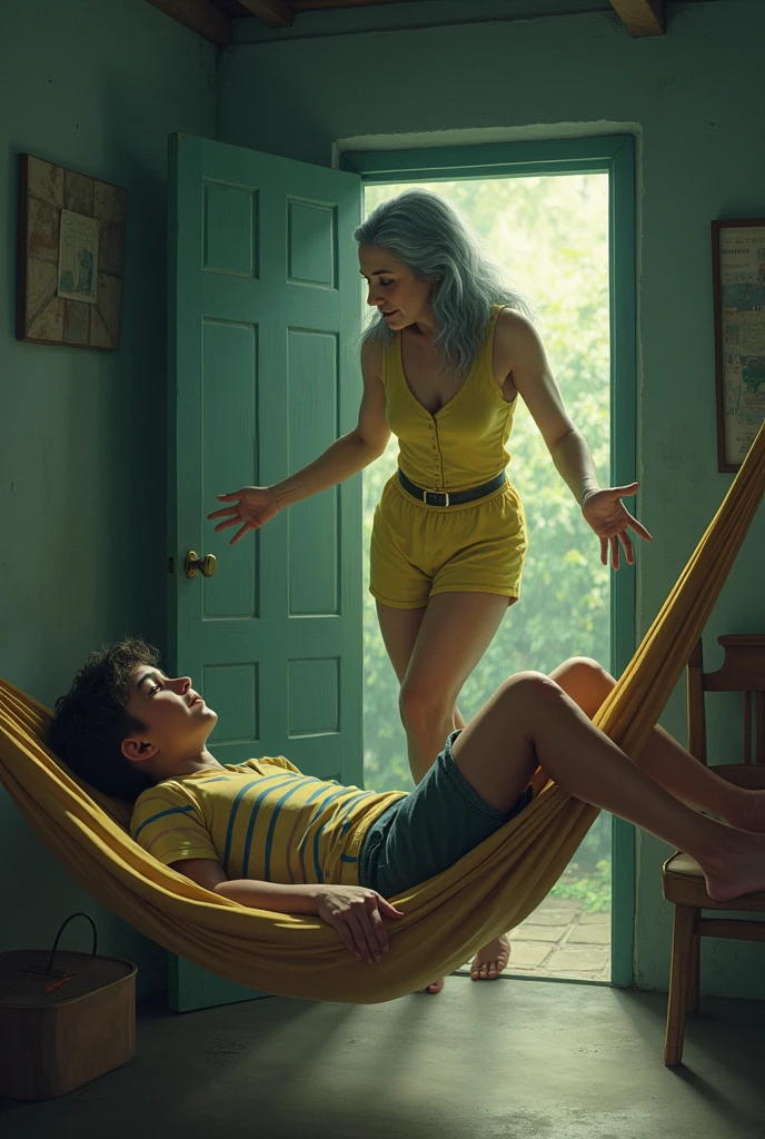 Imagine an -year-oenezun boy wearing shorts and a striped shirt in his humble and simple room lying in a hammock and the spirit of an old woman appears to him with wrinkled hands and long gray hair dressed in a yellow polyester outfit with a yellow belt around the waist she tries to grab him by the neck 