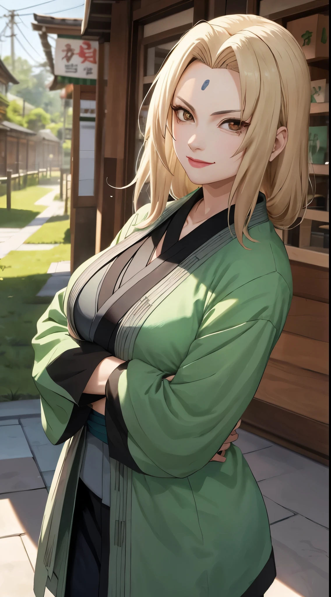 Tsunade Senju, Bela, masterpiece, extremely detaild, best qualityer, best ilumination, best shade, face perfect, shiny brown eyes, blue mark on forehead, wearing a gray kimono with a red belt and a green jacket, 1 girl, big boobies, big-ass, leaning forward looking at the viewer, in Konoha,