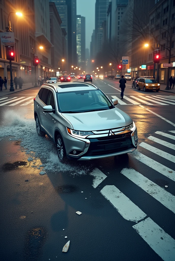 Create a photograph of a mitsubshi outlander silver hitting a lady in a 4 junction