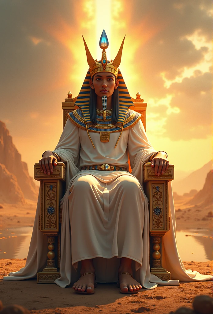 (((Egyptian crown))) Best quality, very high resolution, Detailed 4K computer graphics, masterpiece, Egyptian mythology,Osiris, Sun,Ancient Egypt, sitting, Atef,Egyptian crown, white clothes, Egyptian clothing, desert,they didn't scourge, blue hekatzeu stick, River, desert, Ancient Egypt, ((sitting на троне)), Egyptian Mithra, aesthetics, Beautiful image, centered on the screen (((Atef))), staff and whip, they didn't,