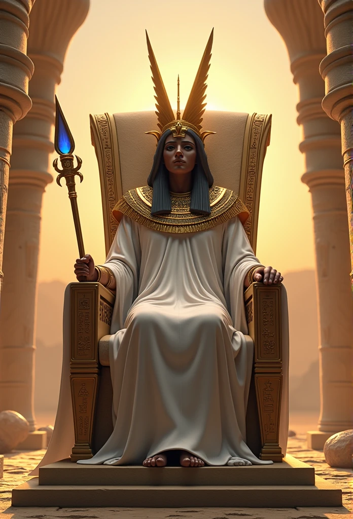 (((Egyptian crown))) Best quality, very high resolution, Detailed 4K computer graphics, masterpiece, Egyptian mythology,Osiris, Sun,Ancient Egypt, sitting, Atef,Egyptian crown, white clothes, Egyptian clothing, desert,they didn&#39;t scourge, blue hekatzeu stick, River, desert, Ancient Egypt, ((sitting на троне)), Egyptian Mithra, aesthetics, Beautiful image, centered on the screen (((Atef))), staff and whip, they didn&#39;t,