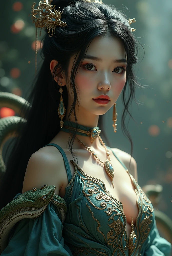 realistic, photorealistic,photo-realistic:1.37, best quality,4k,8k, high res,masterpiece:1.2,ultra-detailed, beautiful asian woman, half snake half woman, long black hair, pale fairy skin, elegant princess-like features, piercing eyes, full red lips, detailed facial features, intricate snake-like lower body, coiling snake tail, elaborate jewelry and accessories, mystical and fantastical atmosphere, dramatic lighting, rich color palette, cinematic composition