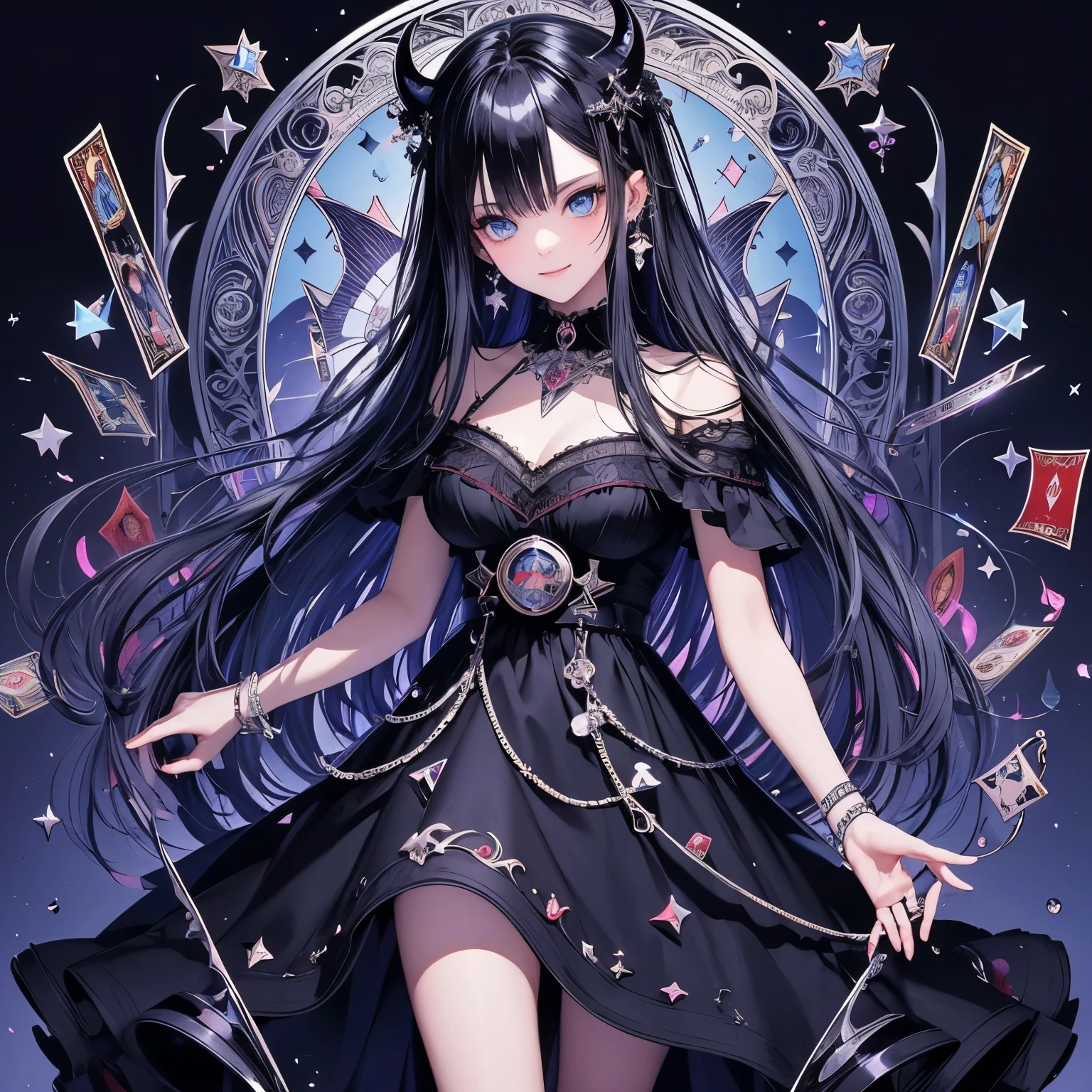 (masterpiece), Highest quality, Ultra-high resolution,Devil with a black ribbon、Blue Hair、Blue eyes、sapphire、gem、Sparkling、sincerity、smile、(Tarot Cards:1.3)