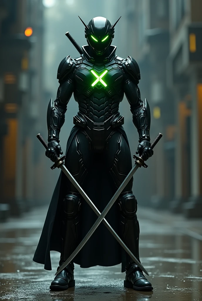 Black nanotech suit holding double katana on his hand and an X logo on the chest with green color and X shape visor helmet with green color