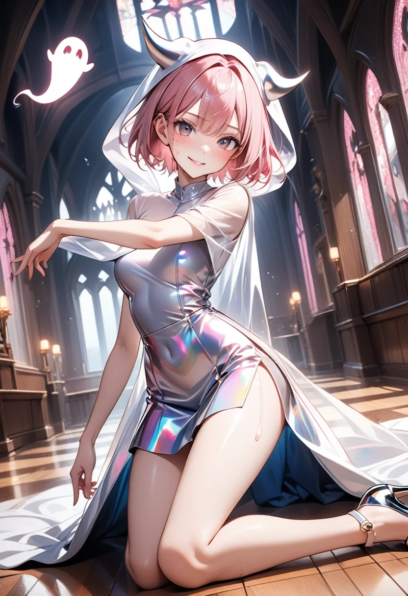 (Evil smile), (((((Ghost Costume)), skirt, Stiletto heels))), ((Shiny Costumes)), ((skindentation)), skinny, solo, 1 woman, Masterpiece, highest quality, highest quality, 16K, incredibly absurd, highly detailed, 2.5D, ai-generated, delicate and dynamic, very delicate facial expressions, delicate eye depiction, erotic, only sexy woman, ((A cute and kind face)), healthy figure, ((1 woman)), 160cm tall, medium firm swaying bust, (short hair), (pink hair:1.5), bob cut, black eye,, blush, Sweat,Embarrassed,sexy, ((thin thighs)), shiny and lustrous, facing straight at viewer, (((in heat))), ((Oily_skin)), ((Lots of sweat)), ((dutch angle)), ((erotic pose)), (((Dynamic Pose))), ((Transparent and sparkling costume)), ((Demon World's Great Hall)),