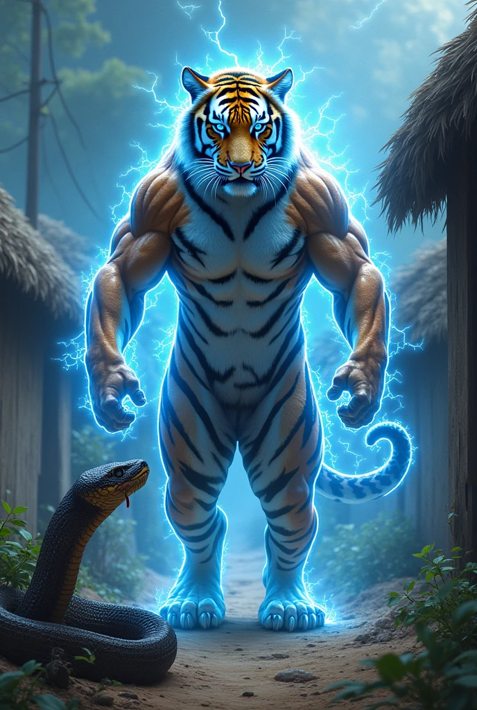 Tiger in a village with gym body blue flash and eyes are shine and one snake are there they are looking likes monster