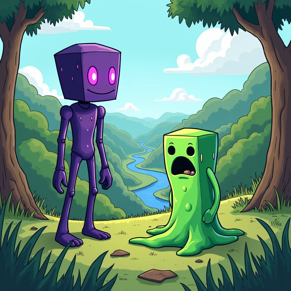 Two-dimensional cartoon design of enderman and slime with real shape and without cubes in the land of minecraft, the design should be cartoonish