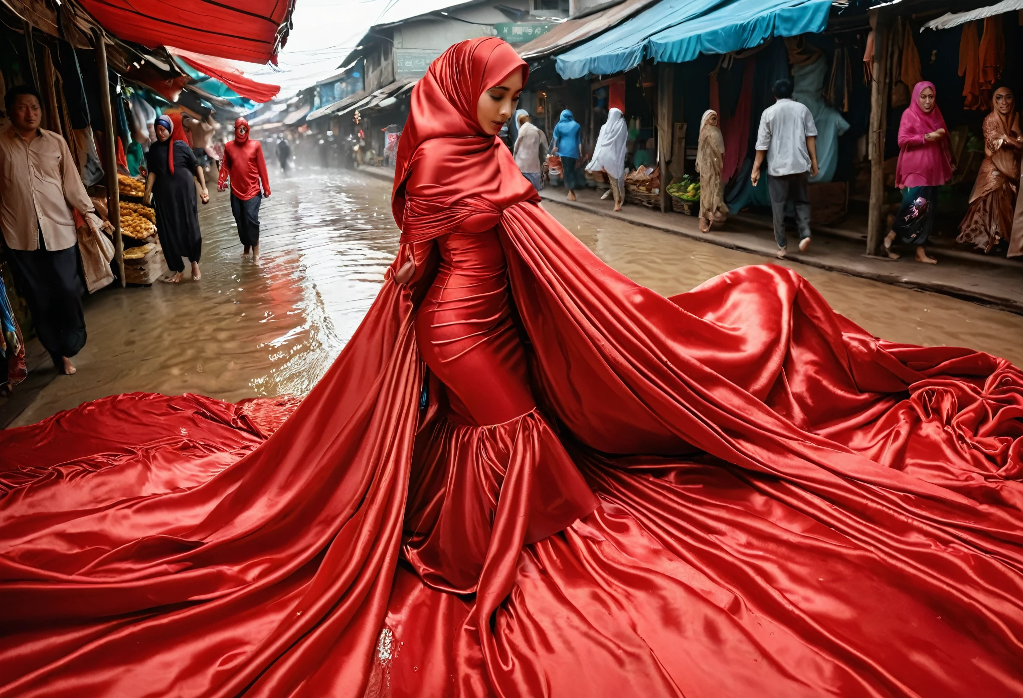 A woman shrouded in a 9-meter-long, plush red satin cloth, tightly bound and grandly draping along the form of her body, flowing off into a pooled floor-length train, styled in a mermaid-inspired outfit, her head modestly veiled in a satin hijab, 175 height woman, walk in wet traditional market, a full-body pose conveying a sense of elegance, captured in a 4k resolution, ultra-realistic