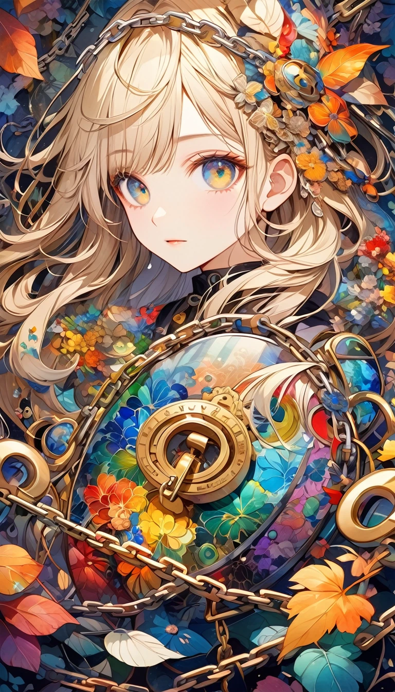 Chain-themed abstract art, Colorful keys nailed to canvas, The key to complex patterns and shapes、Creating an aesthetic composition, Non-representational illustrations, Perfect balance and harmony of colors, Mysterious watercolor style, Glass-like transparency, Simply beautiful... A world where words cannot describe the people watching, Detailed and aesthetically pleasing chain, Highest quality, Highest Resolution, Attention to detail　Similar girl