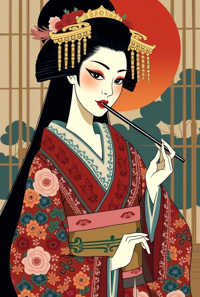 "A stylized portrait of an Edo-period oiran (high-ranking courtesan) blending traditional Japanese elements with a modern artistic flair. The oiran has an elaborate shimada-mage hairstyle adorned with numerous ornate kanzashi hair ornaments, including long, dangling bira-bira, golden combs, and floral hairpins. Her long, flowing black hair cascades down her back, partially visible.
Her face features the characteristic white makeup of a courtesan, with dramatic red eyeshadow, thin eyebrows, and small, red lips painted in a distinctive heart shape. The eyes are almond-shaped and expressive, with one slightly larger in a subtle nod to Picasso's style.
She wears a luxurious, multi-layered kimono with intricate patterns of cherry blossoms, chrysanthemums, and peacocks in rich reds, golds, and deep blues. The outer layer is slightly open at the neckline, revealing glimpses of the inner layers, suggesting the sensuality associated with oiran.
Around her waist is an elaborate obi tied in the front in a distinctive style. She holds a long tobacco pipe (kiseru) gracefully in one hand.
The background depicts a stylized version of a high-class Edo-period pleasure quarter, with sliding shoji screens, tatami mats, and a glimpse of a traditional garden through an open window. The scene is rendered in a mix of traditional ukiyo-e style and modern geometric shapes, creating a unique fusion of old and new.
The overall color palette is rich and vibrant, with deep reds, golds, and blues dominating, accented by touches of soft pink and green. The composition balances detailed traditional elements with areas of bold, modern color blocking."