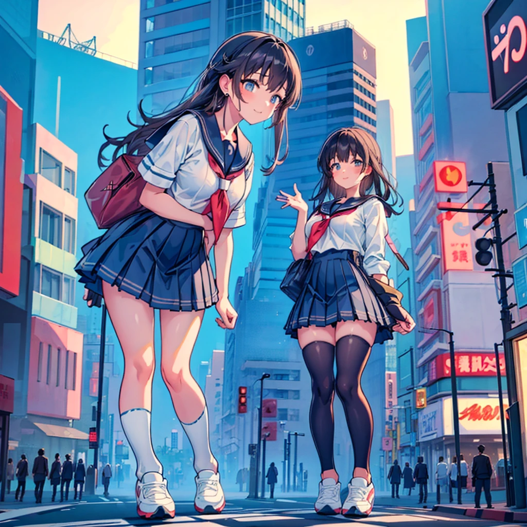((Two giant high school girls standing on the road kissing) ) Composition seen from below, true sunset, sunset, evening, masterpiece Anime style Delicate painting 4K 90's Huge Multiple crowd Crowd in a big city Lots of people ) (( Sailor Uniform)) ((School Uniform)) ((Big City)), ((Tokyo Akihabara Electric Town)), Big Breasts, High School Girl, Transparent Costume, Sweaty, Splashes, Sneakers, Watch, Black Hair, Smile, Female Titan Giant Girl Full Body Crowd Unreal Engine, Cleavage, Image, Earrings, Cute Photo, Beauty, Analog Style, Full Body, Sneakers, GTS, Giant Female Giant, Building Valley Girl, Skyscraper City, Big City, GTS , Giant Female Titan,