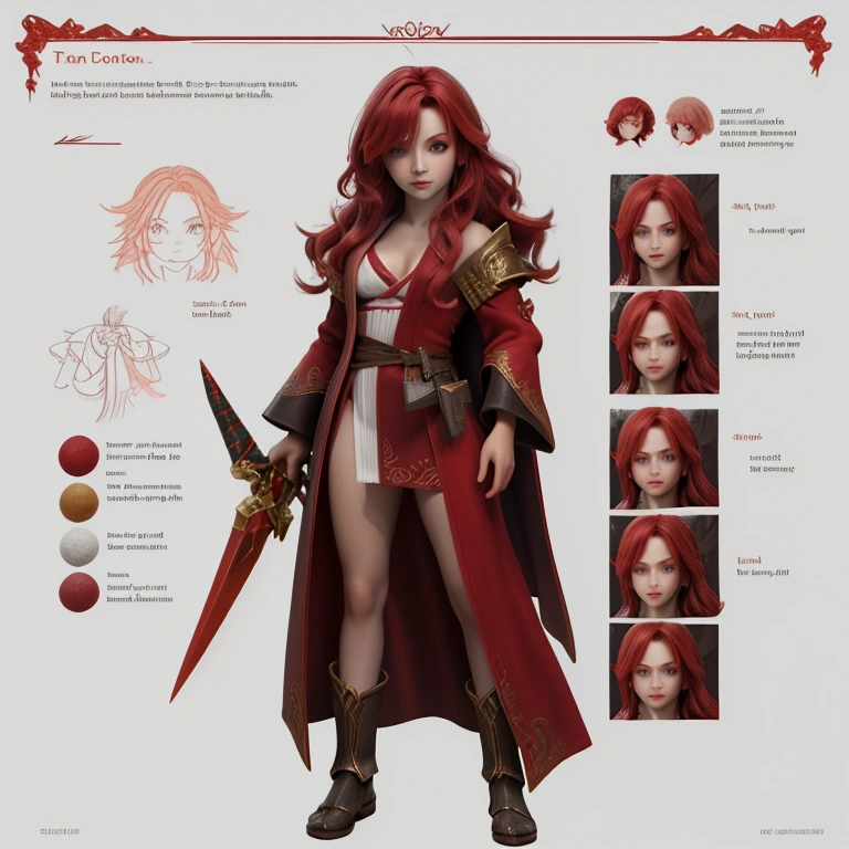 A female mage fighter with flowing red hair, dressed in a tattered robe, casting a fiery spell with one hand while wielding Character Sheet, 12 yo student, Full body, Simple white background, front pose character reference sheet, Concept art, design sheet