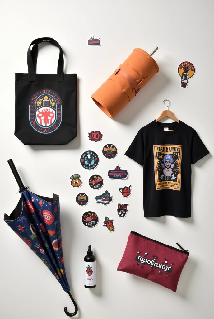 tote bag , t shirt , pouch , cool stickers and umbrella