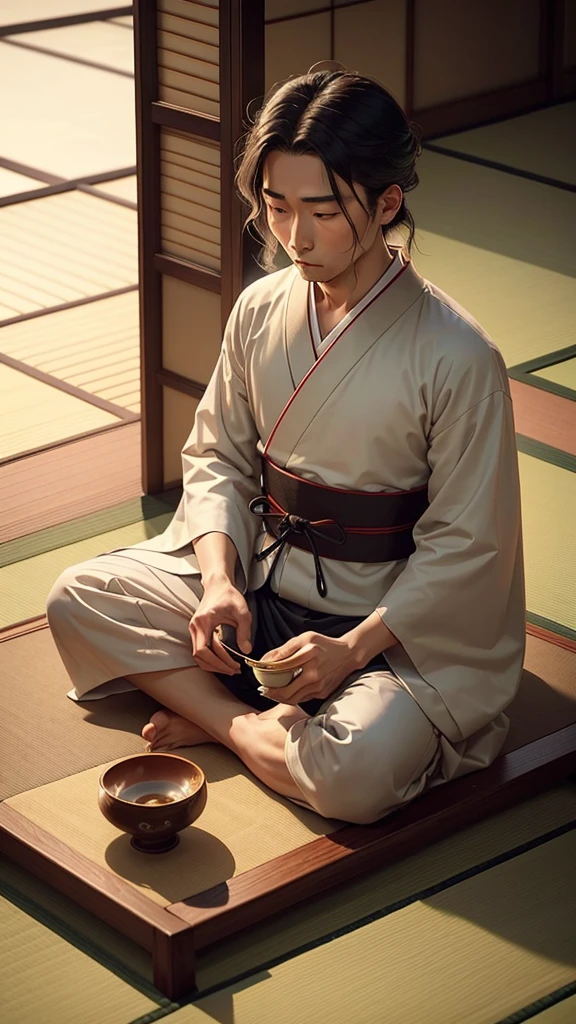 A serene portrayal of Sen no Rikyu, the revered Japanese tea master, in a traditional Japanese tea room. Rikyu is seated in a calm and composed manner, wearing a simple, elegant kimono made of fine silk in muted colors. His hair is graying, tied neatly, and he has a gentle, contemplative expression. In front of him, a tea set with a chawan (tea bowl) and chasen (tea whisk) is arranged on a tatami mat. The room is minimalist, with a sliding shoji screen partially open to a view of a tranquil Japanese garden, with a small pond and blossoming cherry trees.