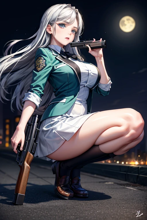 Highest quality、Ultra HD、One Woman、(Silver long hair 1.3)、(Green blazer 1.3)、(White tight mini skirt 1.3)、(Black tie)、(Black loafers 1.1)、((1 who has a gun.2))、(Large Breasts)、(Thighs)、(Black knee-highs 1.2)、(Beautiful face with sharp eyes 1.2)、40-year-old woman、Slender body、(Night city background 1.2)、((Clear and beautiful touch))