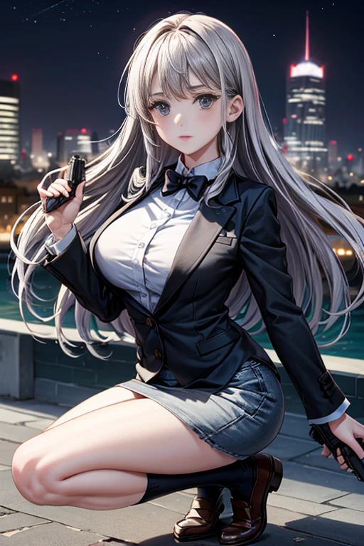 Highest quality、Ultra HD、One Woman、(Silver long hair 1.3)、(Green blazer 1.3)、(White tight mini skirt 1.3)、(Black tie)、(Black loafers 1.1)、((1 who has a gun.2))、(Large Breasts)、(Thighs)、(Black knee-highs 1.2)、(Beautiful face with sharp eyes 1.2)、40-year-old woman、Slender body、(Night city background 1.2)、((Clear and beautiful touch))