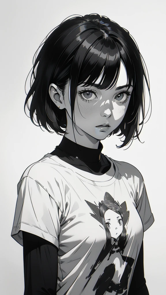 1 boyish girl, solo, sharp eyes, expressionless, monochrome, greyscale, short black hair, portrait, white T-shirt, closed mouth, looking at viewer, graphite \(medium\), detailed lips, hatching \(texture\), without makeup, bangs, upper body, (best illustration), (best quality), (very detailed), (masterpiece), expressionless,