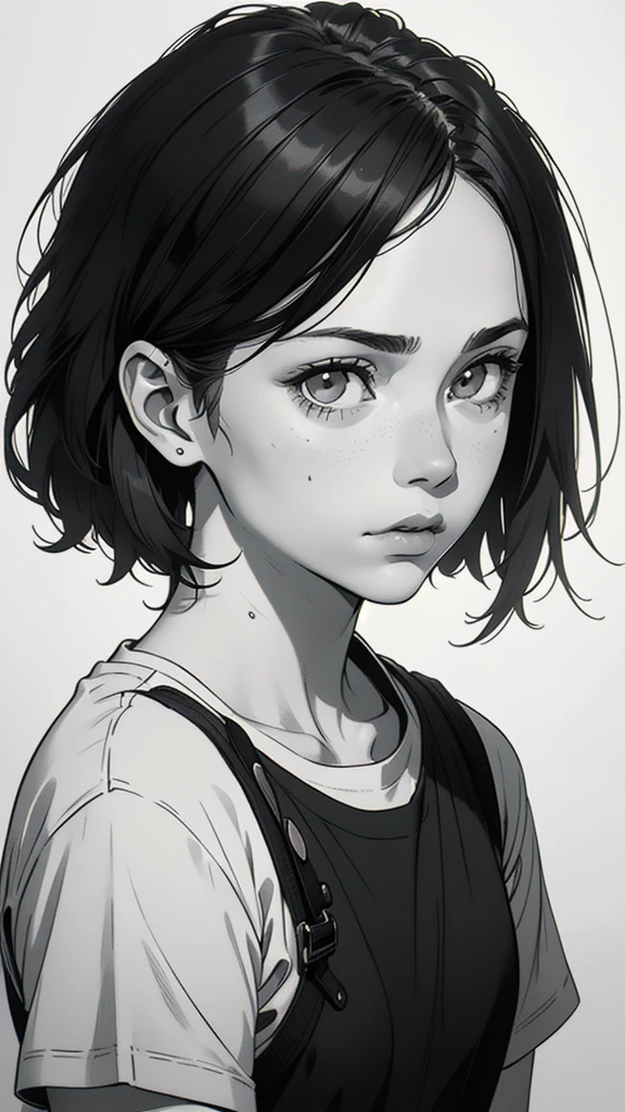 1 boyish girl, solo, sharp eyes, expressionless, monochrome, greyscale, short black hair, portrait, white T-shirt, closed mouth, looking at viewer, graphite \(medium\), detailed lips, hatching \(texture\), without makeup, bangs, upper body, (best illustration), (best quality), (very detailed), (masterpiece), expressionless,