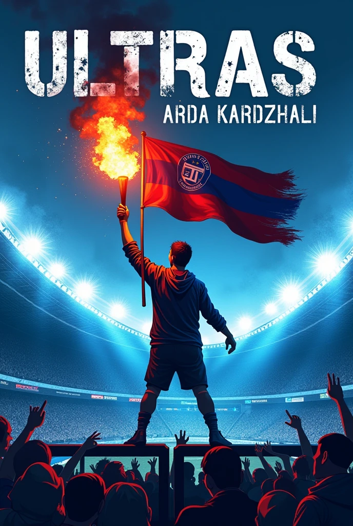 Make a ultras graphic design, texst Ultras Arda Kardzhali,blue, ultras holding the flag of Arda Kardjali, bad boy with a torch on the stadium fence, graphic, the colors of the opening are blue and white, the stadium is Arena Arda, blue and white