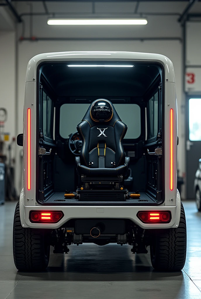 a mini truck seen from behind with the rear door open and with a racing cockpit with a sim motion platform and virtual reality glasses